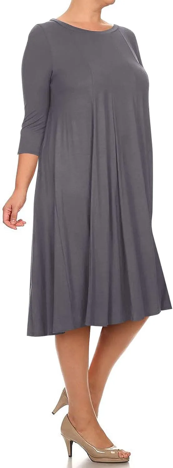 FashionStream Women's Plus Size Casual 3/4 Sleeves Basic A-Line Pleated Solid Midi Dress