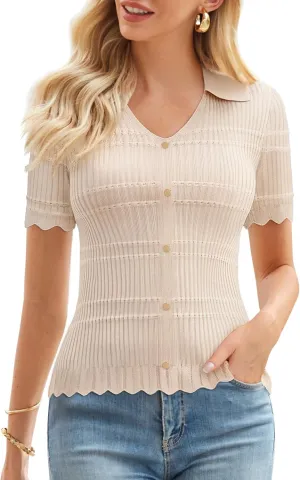 GRACE KARIN Women Short Sleeve Sweater V Neck Knit Polo Sweater Pullover 2025 Summer Ribbed Sweater Top Shirts