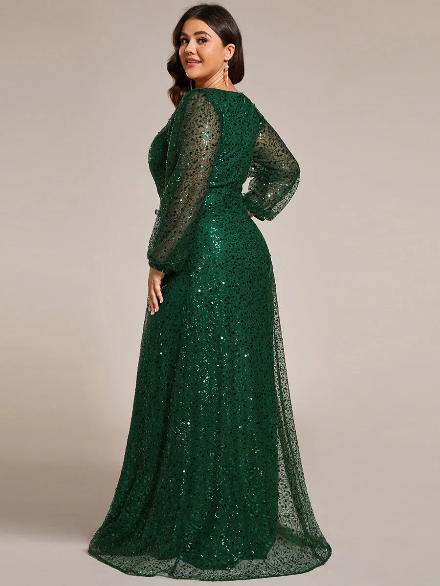 Grande taille Robe de soirée trapèze à paillettes col en V manches longues et paillettes