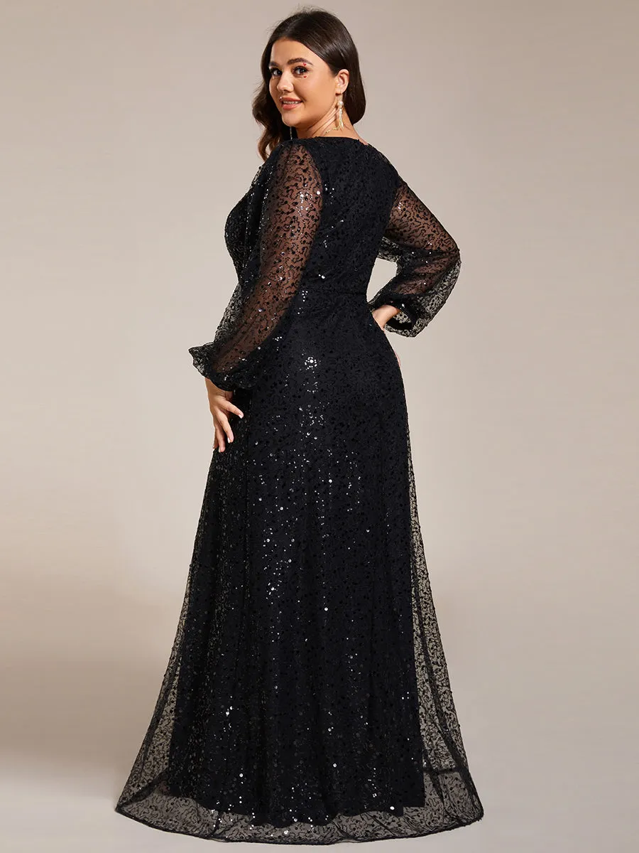 Grande taille Robe de soirée trapèze à paillettes col en V manches longues et paillettes