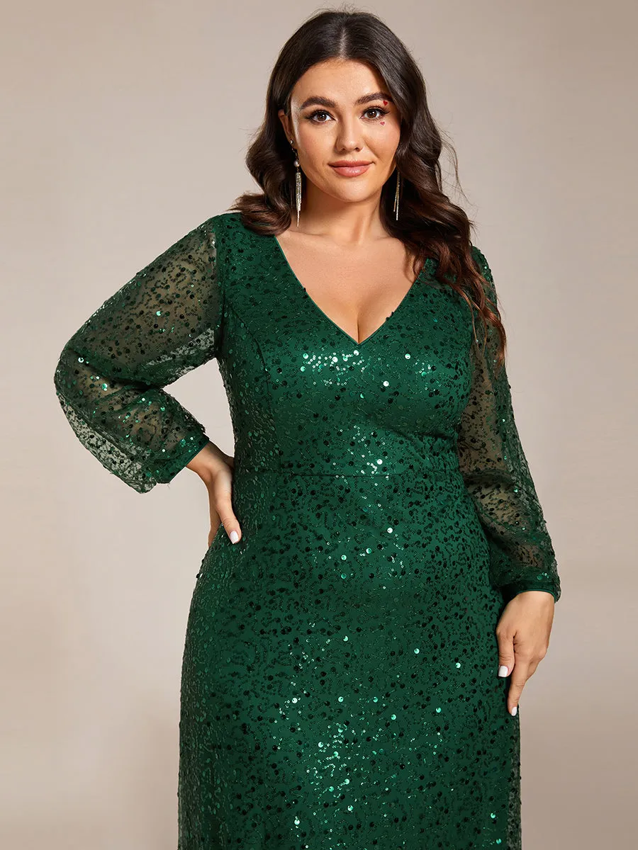 Grande taille Robe de soirée trapèze à paillettes col en V manches longues et paillettes