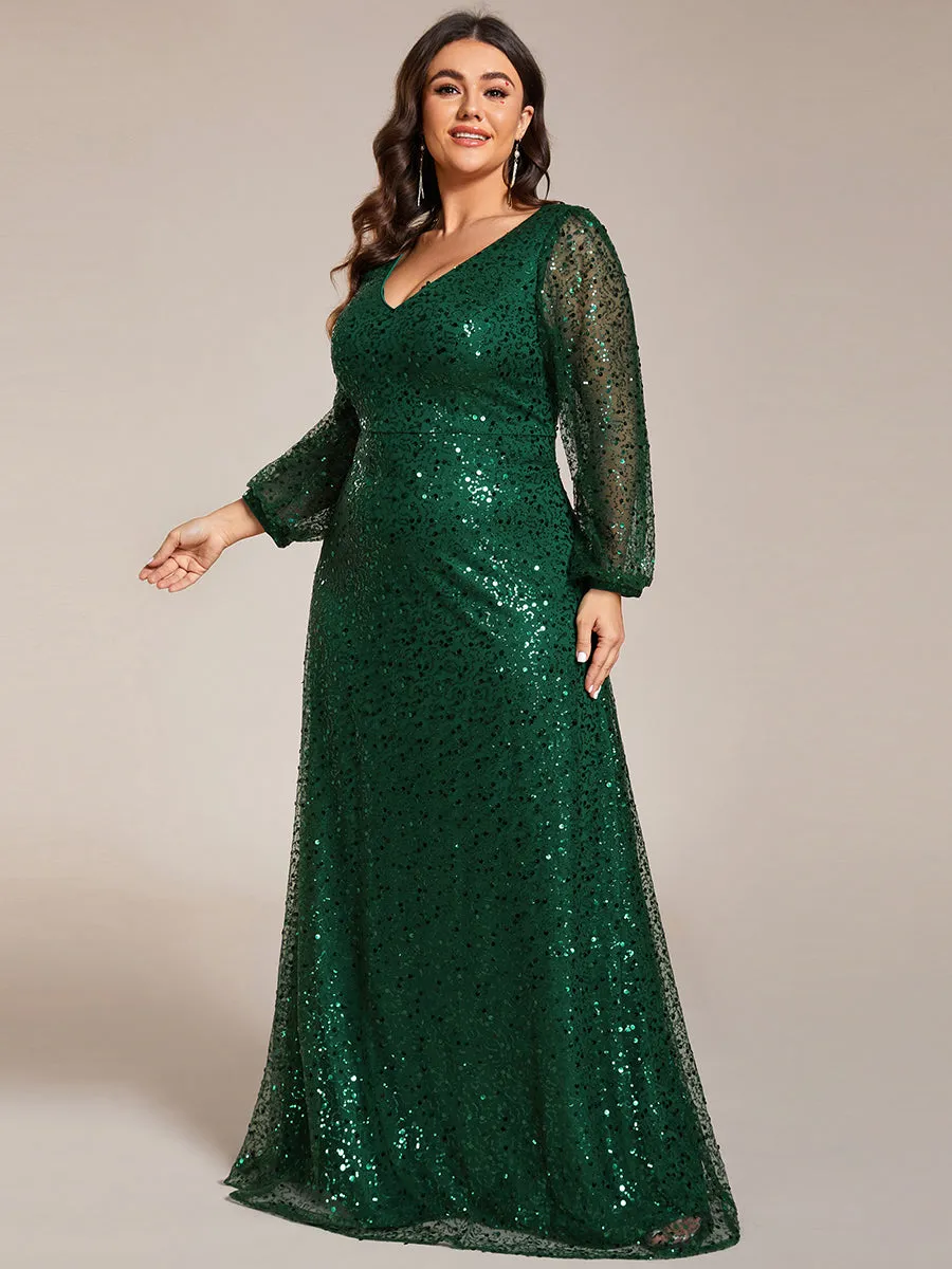 Grande taille Robe de soirée trapèze à paillettes col en V manches longues et paillettes