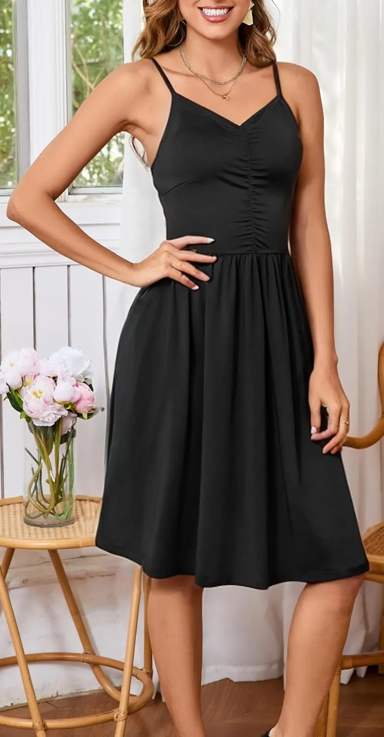 HipGlamp Women's Summer Casual Dress Sleeveless V Neck Beach Sundresses A Line Spaghetti Strap Midi Dress with Pockets
