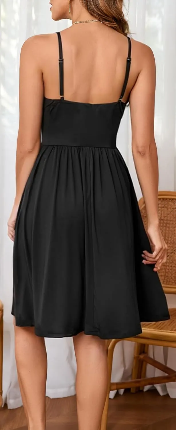 HipGlamp Women's Summer Casual Dress Sleeveless V Neck Beach Sundresses A Line Spaghetti Strap Midi Dress with Pockets