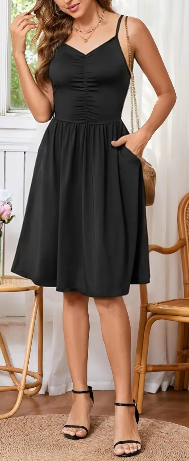 HipGlamp Women's Summer Casual Dress Sleeveless V Neck Beach Sundresses A Line Spaghetti Strap Midi Dress with Pockets