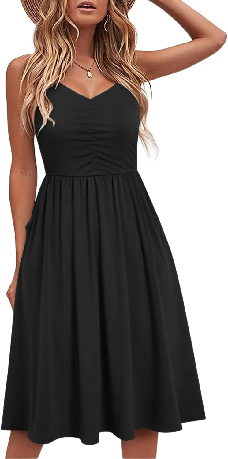 HipGlamp Women's Summer Casual Dress Sleeveless V Neck Beach Sundresses A Line Spaghetti Strap Midi Dress with Pockets
