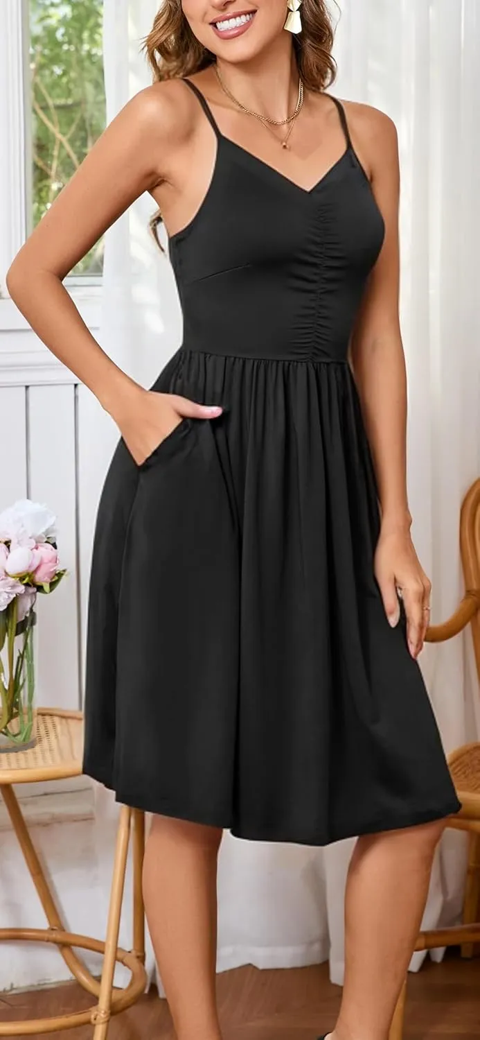 HipGlamp Women's Summer Casual Dress Sleeveless V Neck Beach Sundresses A Line Spaghetti Strap Midi Dress with Pockets