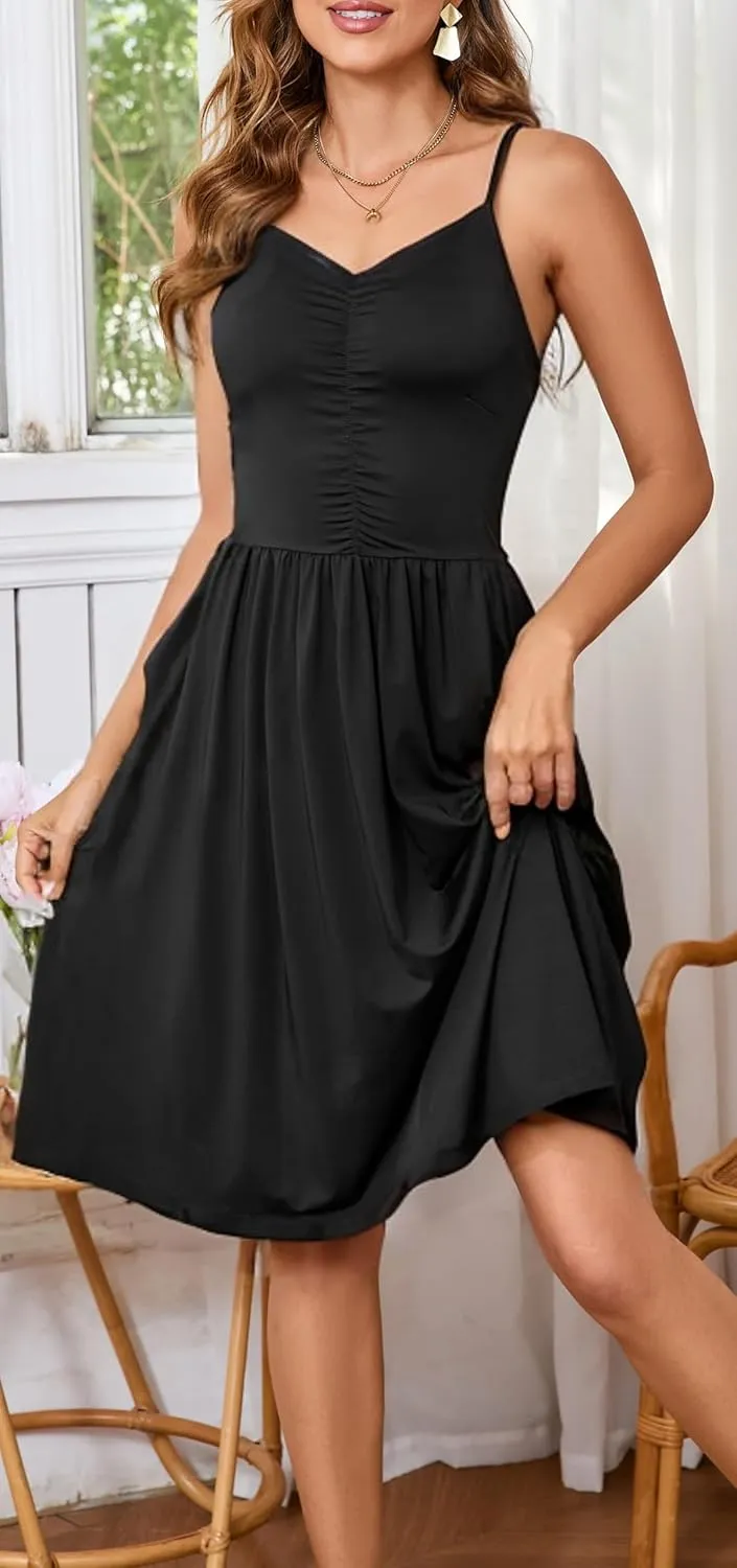 HipGlamp Women's Summer Casual Dress Sleeveless V Neck Beach Sundresses A Line Spaghetti Strap Midi Dress with Pockets