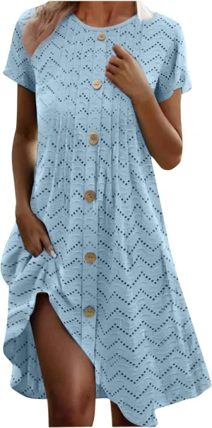 hlysgo Eyelet Embroidery Dress for Women 2025 Summer Short Sleeve Crew Neck Knee Length Dresses Casual Vacation Mini Dress
