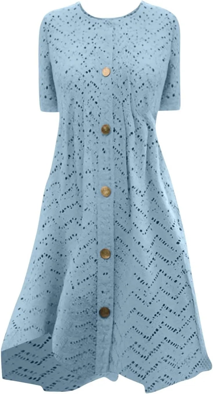 hlysgo Eyelet Embroidery Dress for Women 2025 Summer Short Sleeve Crew Neck Knee Length Dresses Casual Vacation Mini Dress