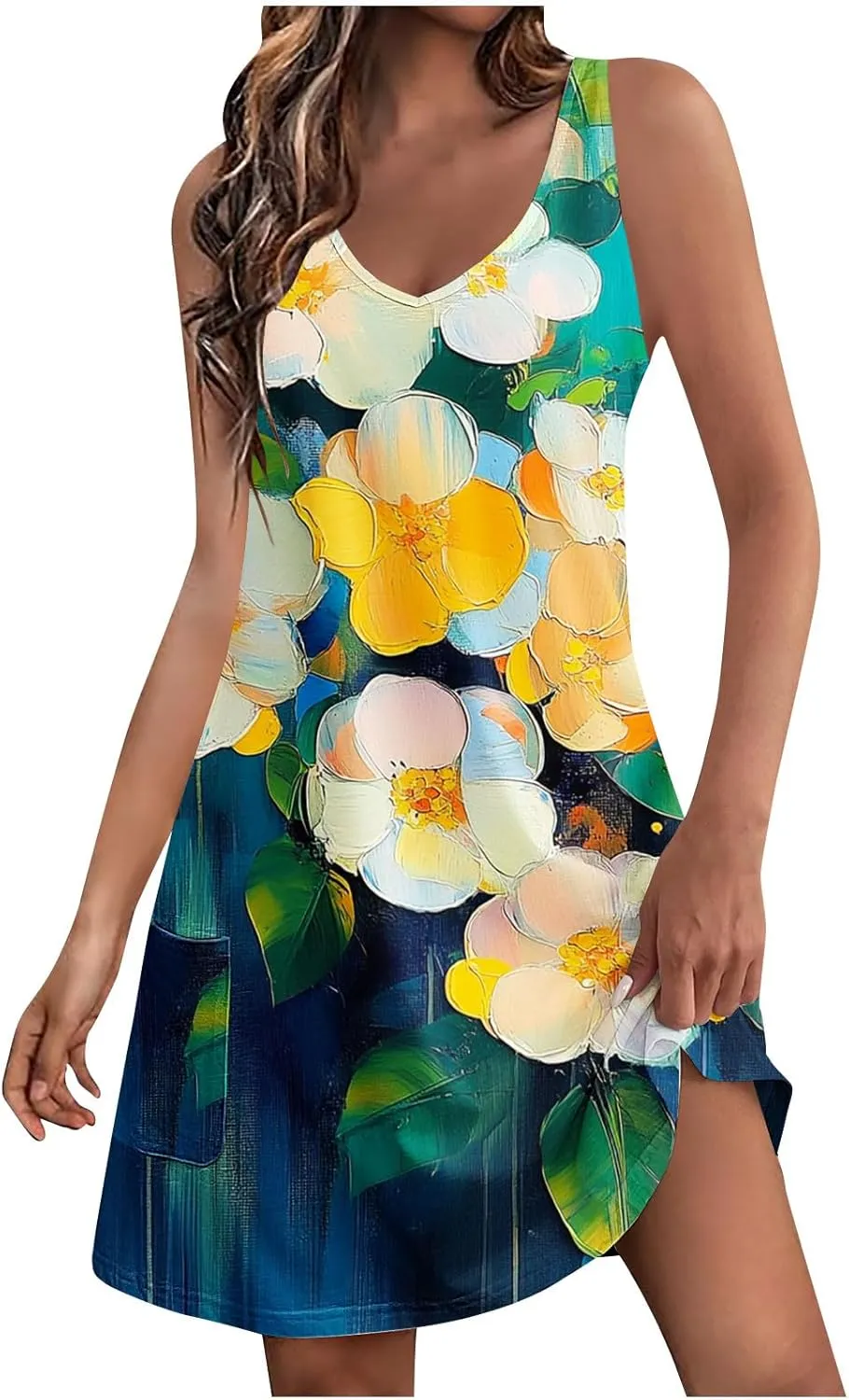hlysgo Petite Dresses for Women 2025 Summer Sleeveless V Neck Coverup Mini Dress Trendy Boho Beach Sundress with Pockets