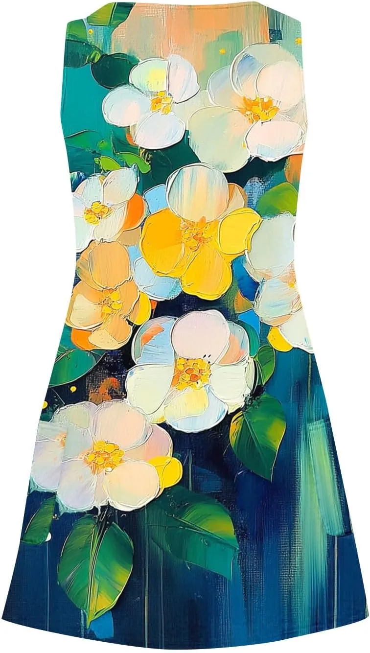 hlysgo Petite Dresses for Women 2025 Summer Sleeveless V Neck Coverup Mini Dress Trendy Boho Beach Sundress with Pockets