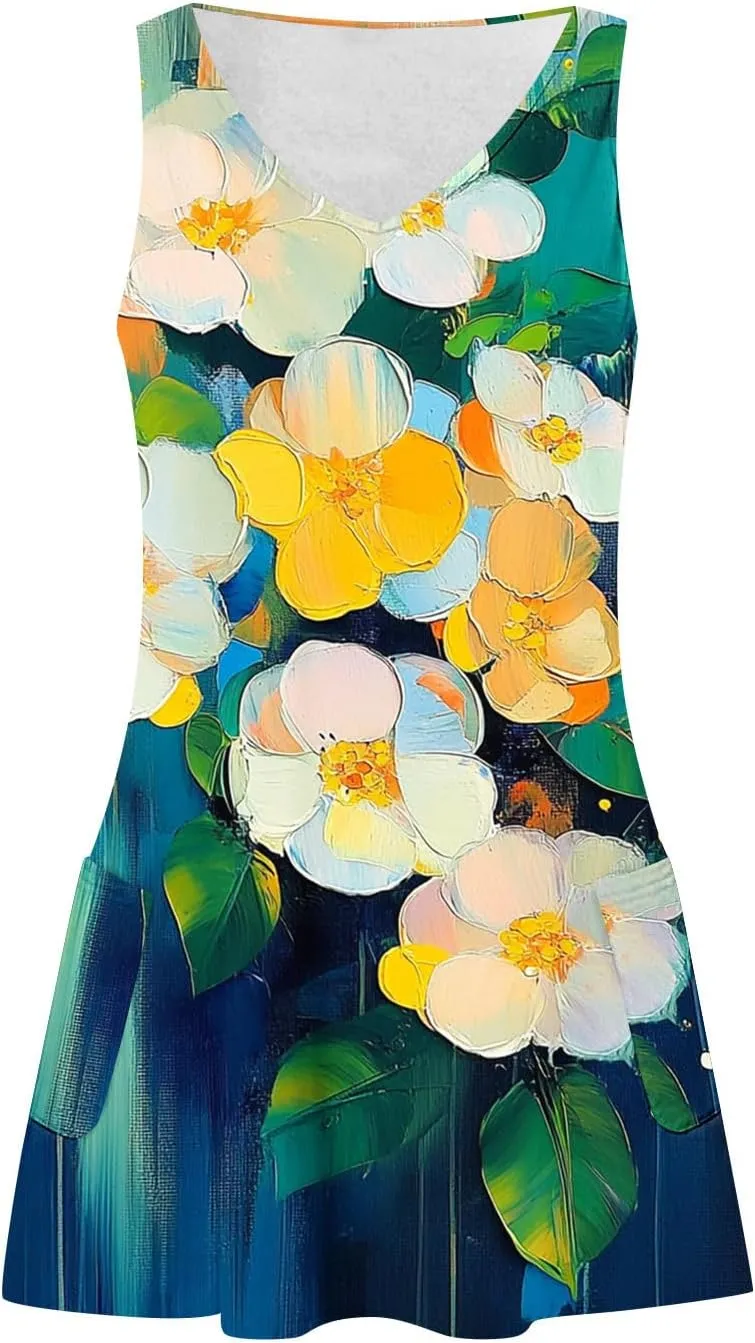 hlysgo Petite Dresses for Women 2025 Summer Sleeveless V Neck Coverup Mini Dress Trendy Boho Beach Sundress with Pockets