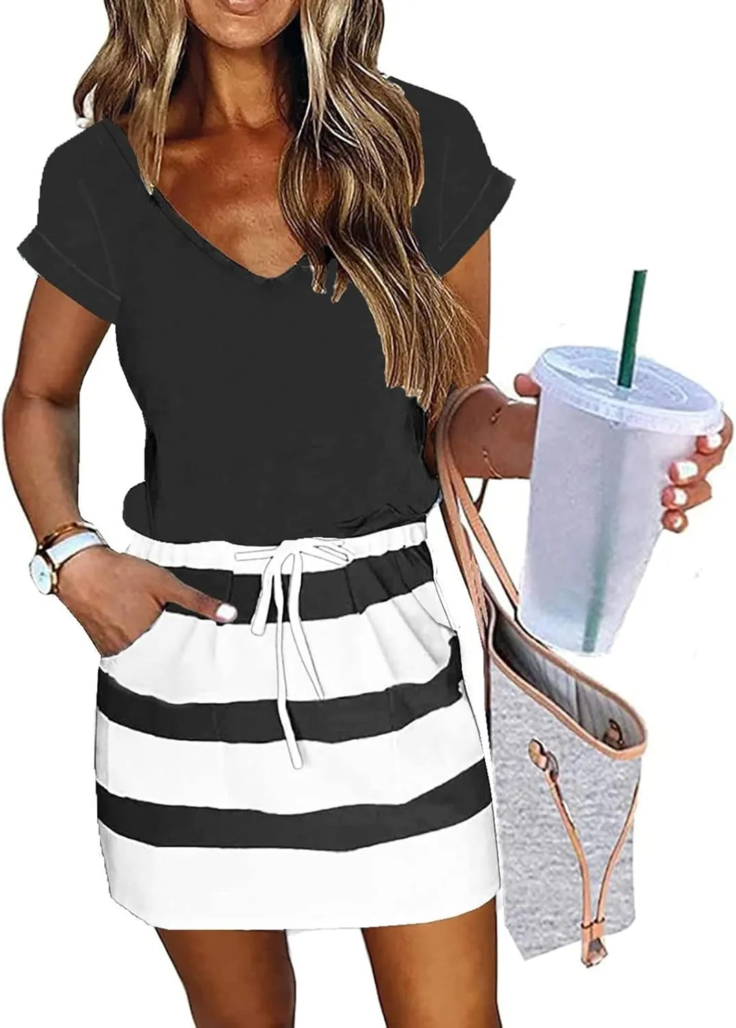 hlysgo Womens Summer Dress 2025 Trendy Short Sleeve V Neck Casual Dresses Drawstring Waist A-Line Mini Dress with Pockets