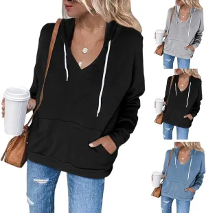 Hoodies For Women Casual Solid Color Long Sleeve v Neck Hooded Sweatshirt Loose Comfy Fall Fashion Pullover Tops 2024