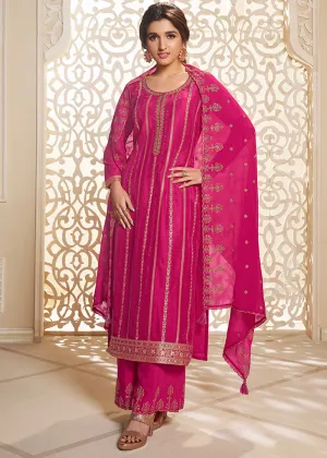 Hot Pink Dola Silk Suit Adorned with Zari and Self Jacquard Weave