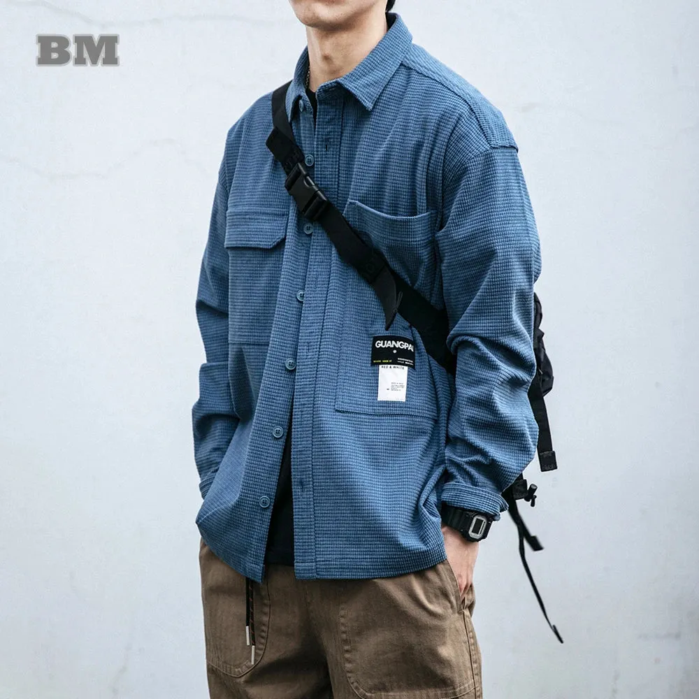 Japanese Streetwear Waffle Plaid Shirts Tops Loose Casual Coat