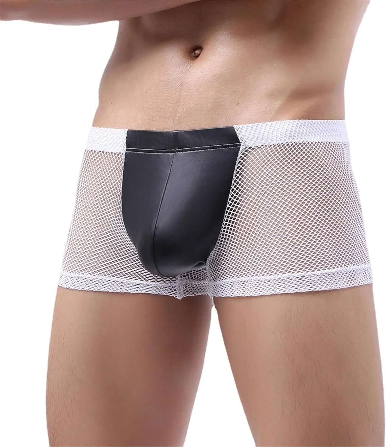 JEKE-DG Men's Faux Leather Low Rise Boxer Briefs See Through Sexy Shorts Pants Breathable Erotic Clubwear Underwear