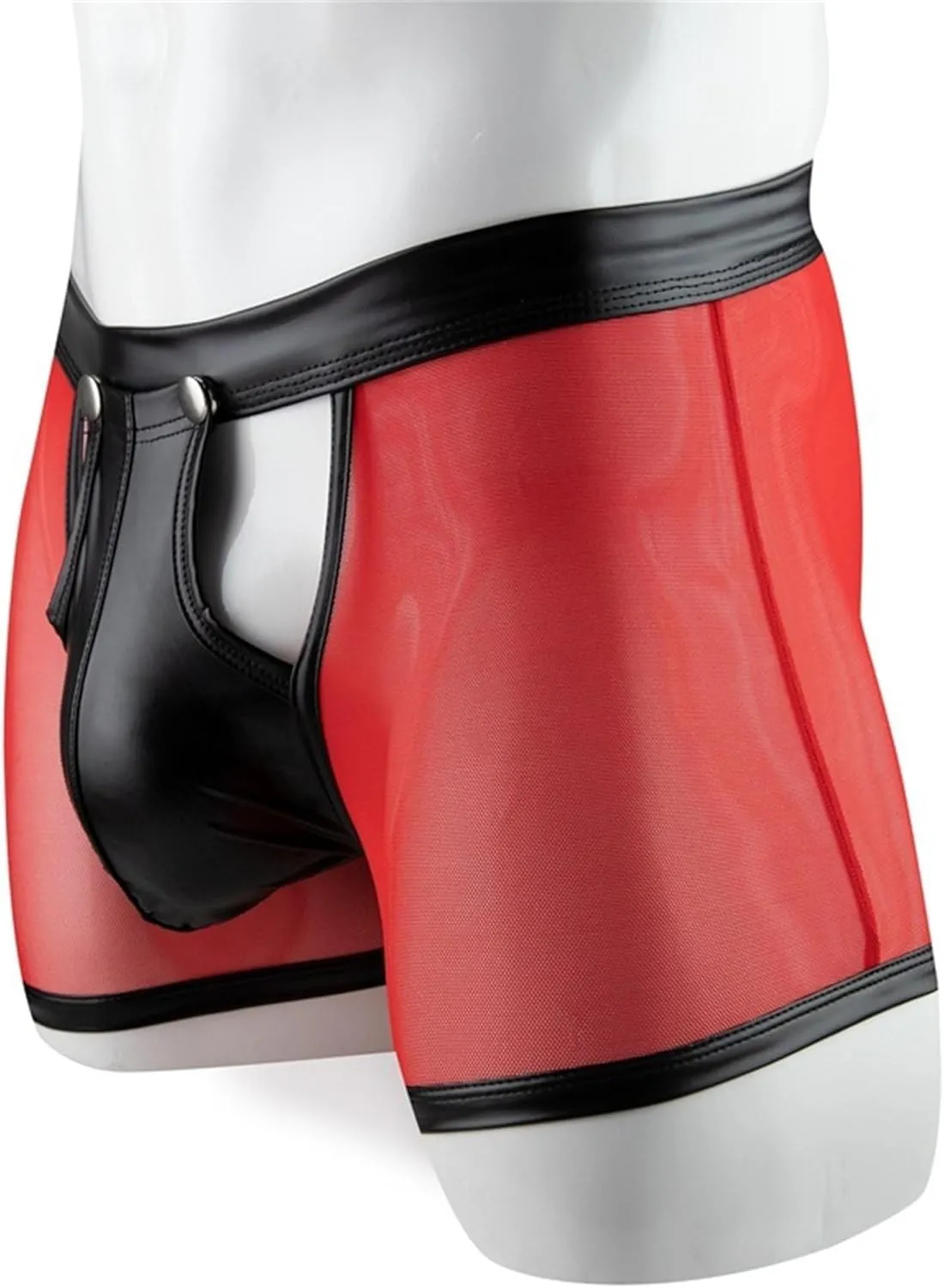 JEKE-DG Men's See Through Hollow Out Boxer Briefs Button Removable Pouch Mesh Shorts Faux Leather Erotic Clubwear Short Pants