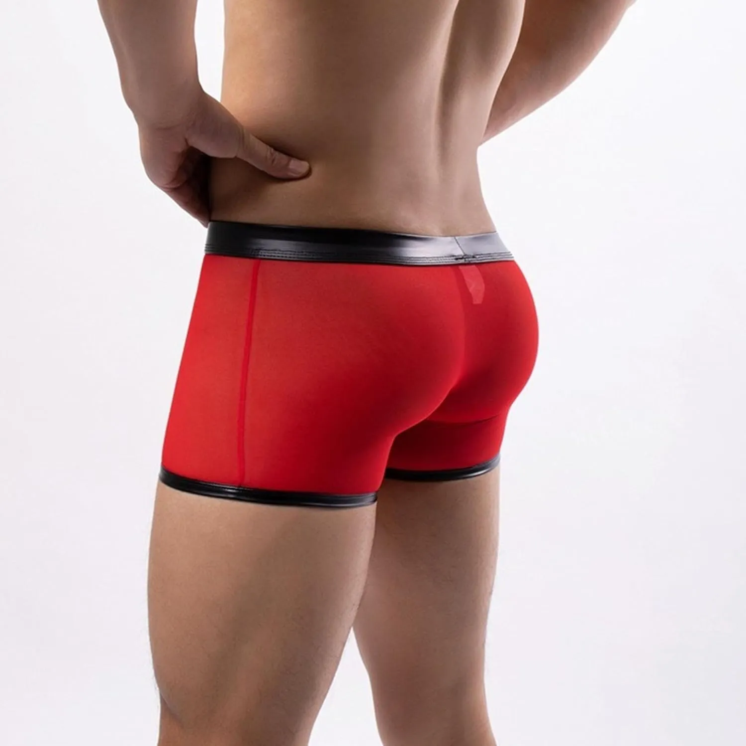 JEKE-DG Men's See Through Hollow Out Boxer Briefs Button Removable Pouch Mesh Shorts Faux Leather Erotic Clubwear Short Pants