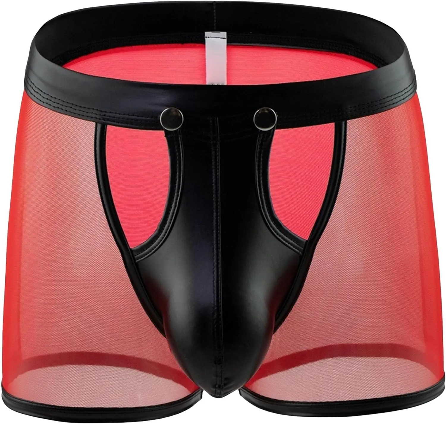 JEKE-DG Men's See Through Hollow Out Boxer Briefs Button Removable Pouch Mesh Shorts Faux Leather Erotic Clubwear Short Pants