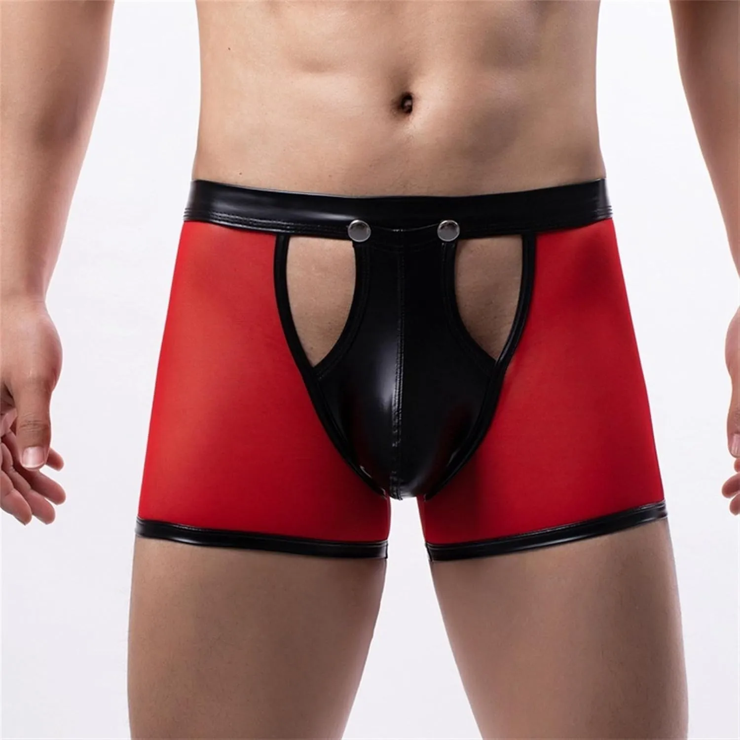 JEKE-DG Men's See Through Hollow Out Boxer Briefs Button Removable Pouch Mesh Shorts Faux Leather Erotic Clubwear Short Pants