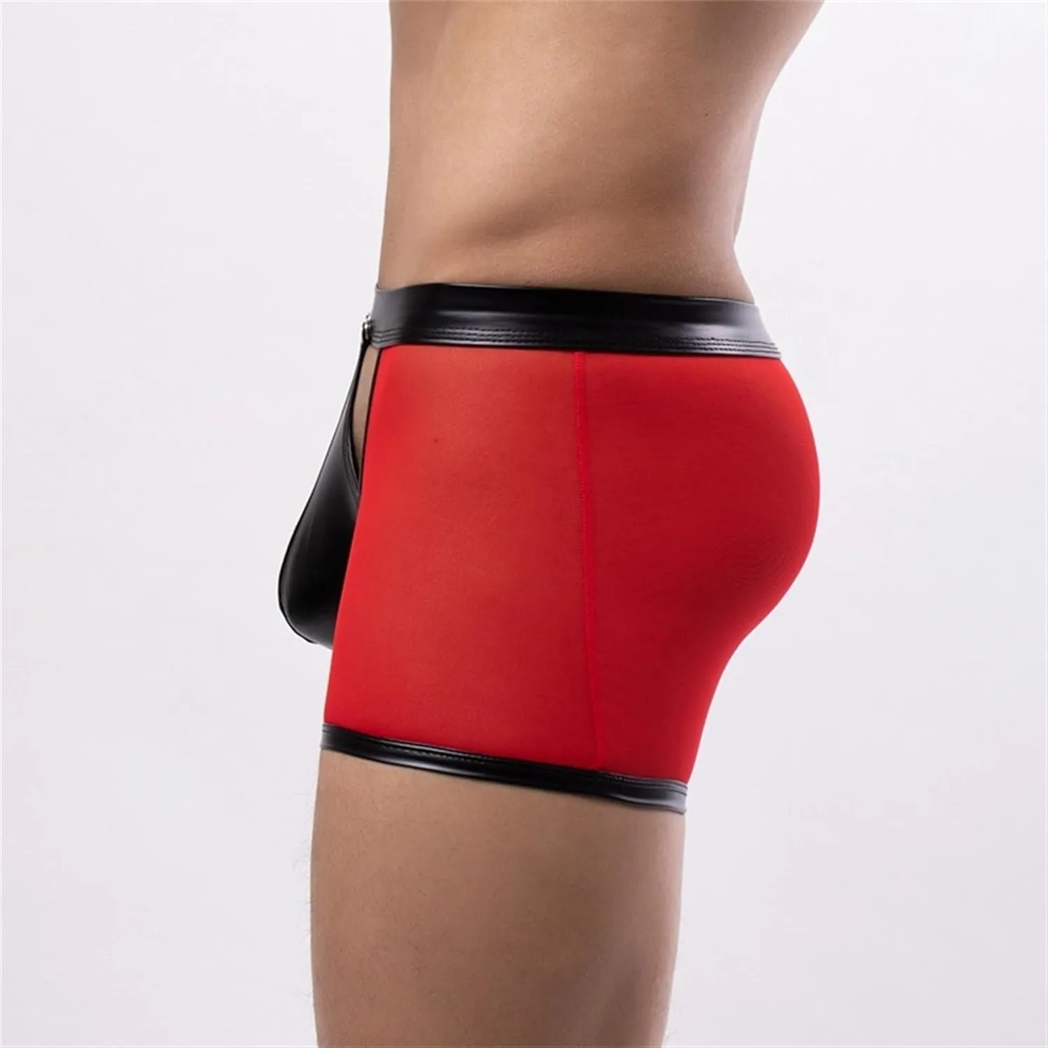 JEKE-DG Men's See Through Hollow Out Boxer Briefs Button Removable Pouch Mesh Shorts Faux Leather Erotic Clubwear Short Pants