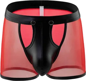 JEKE-DG Men's See Through Hollow Out Boxer Briefs Button Removable Pouch Mesh Shorts Faux Leather Erotic Clubwear Short Pants