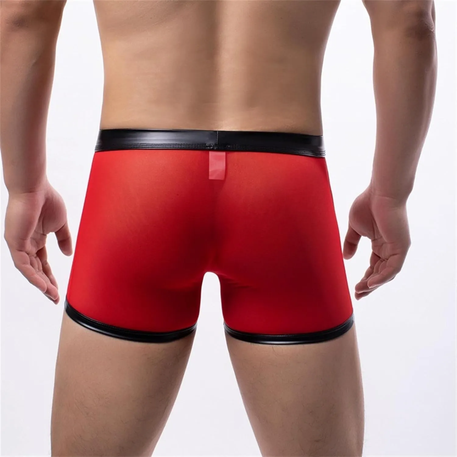 JEKE-DG Men's See Through Hollow Out Boxer Briefs Button Removable Pouch Mesh Shorts Faux Leather Erotic Clubwear Short Pants