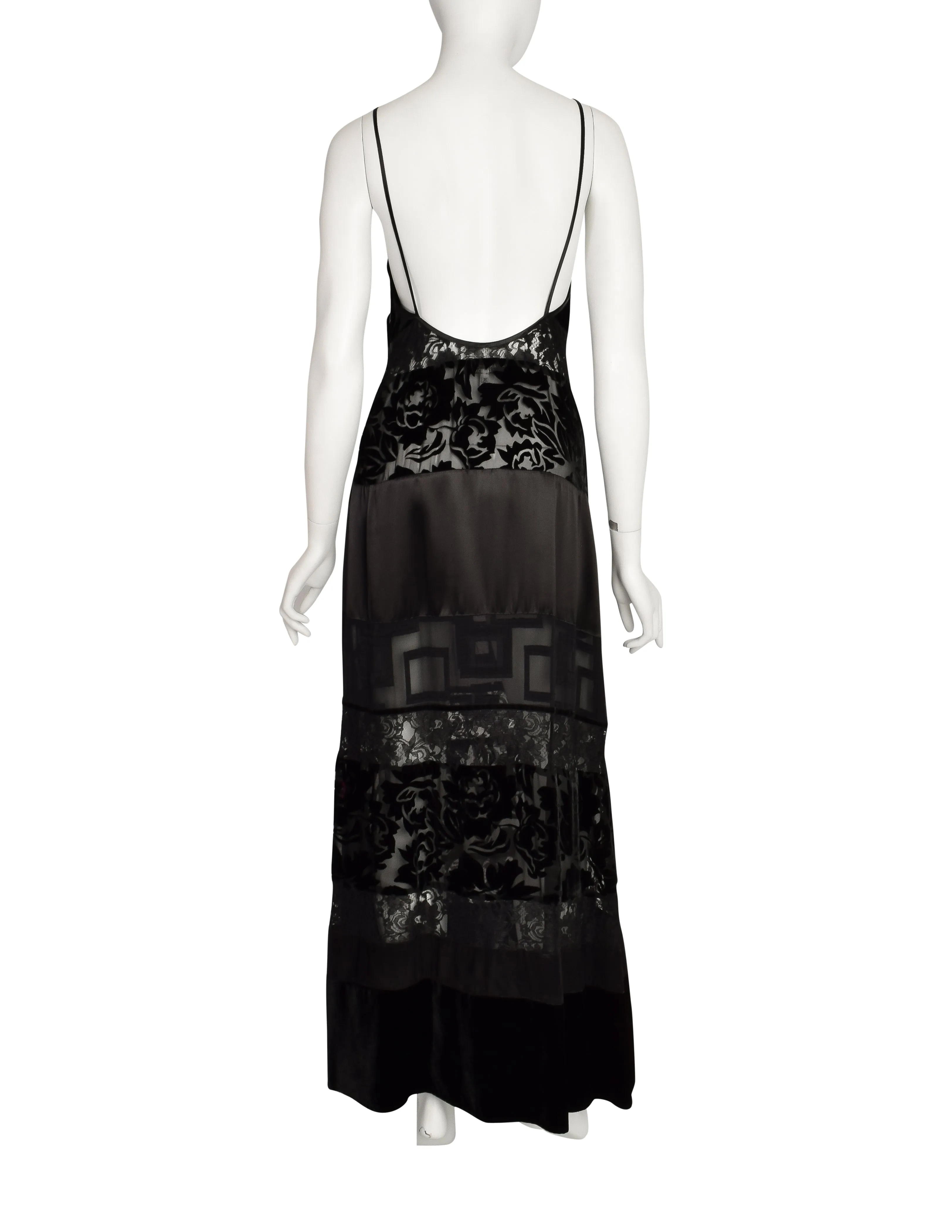 Katharine Hamnett Vintage 1993 Black Lace Satin Velvet Devore Maxi Slip Dress