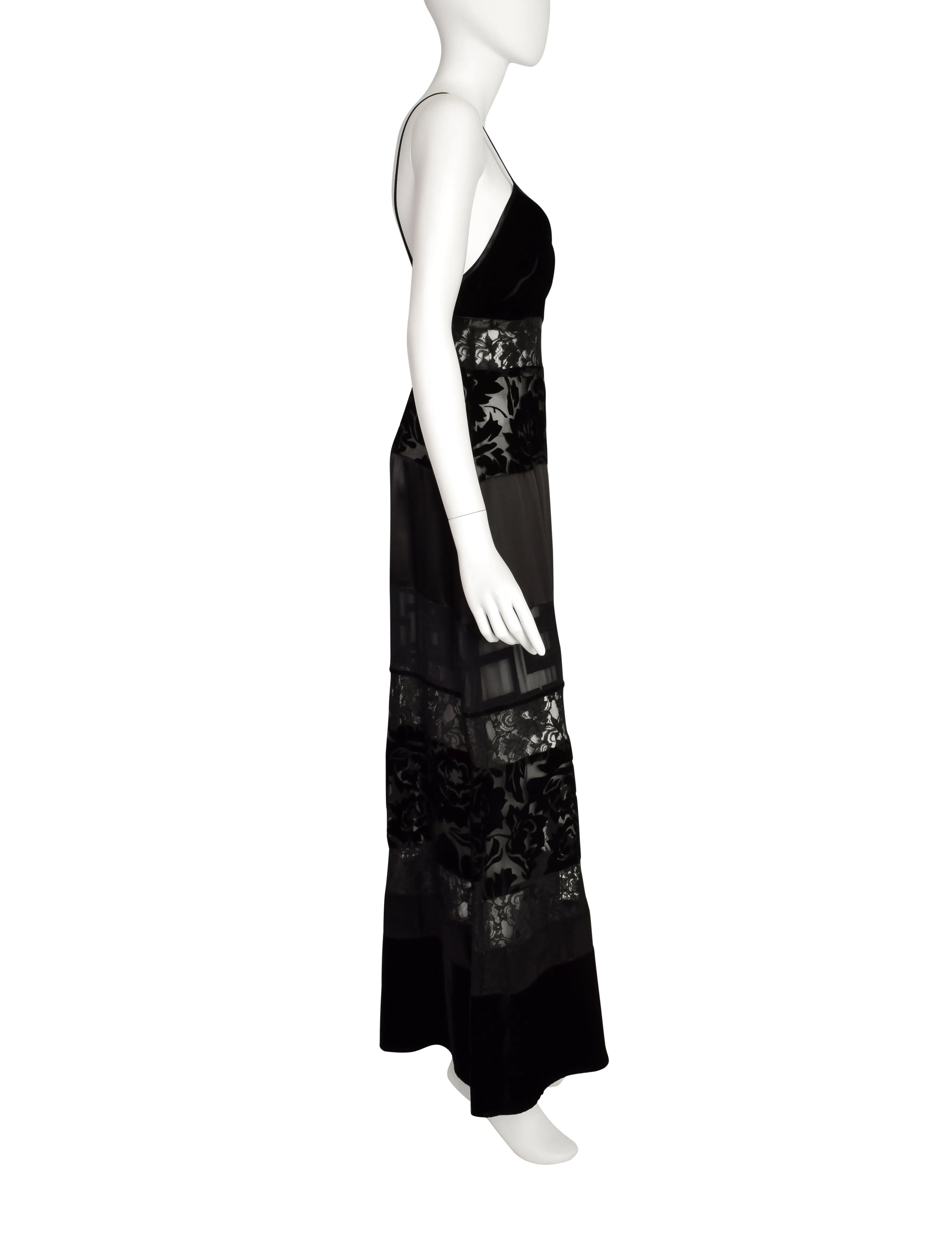 Katharine Hamnett Vintage 1993 Black Lace Satin Velvet Devore Maxi Slip Dress