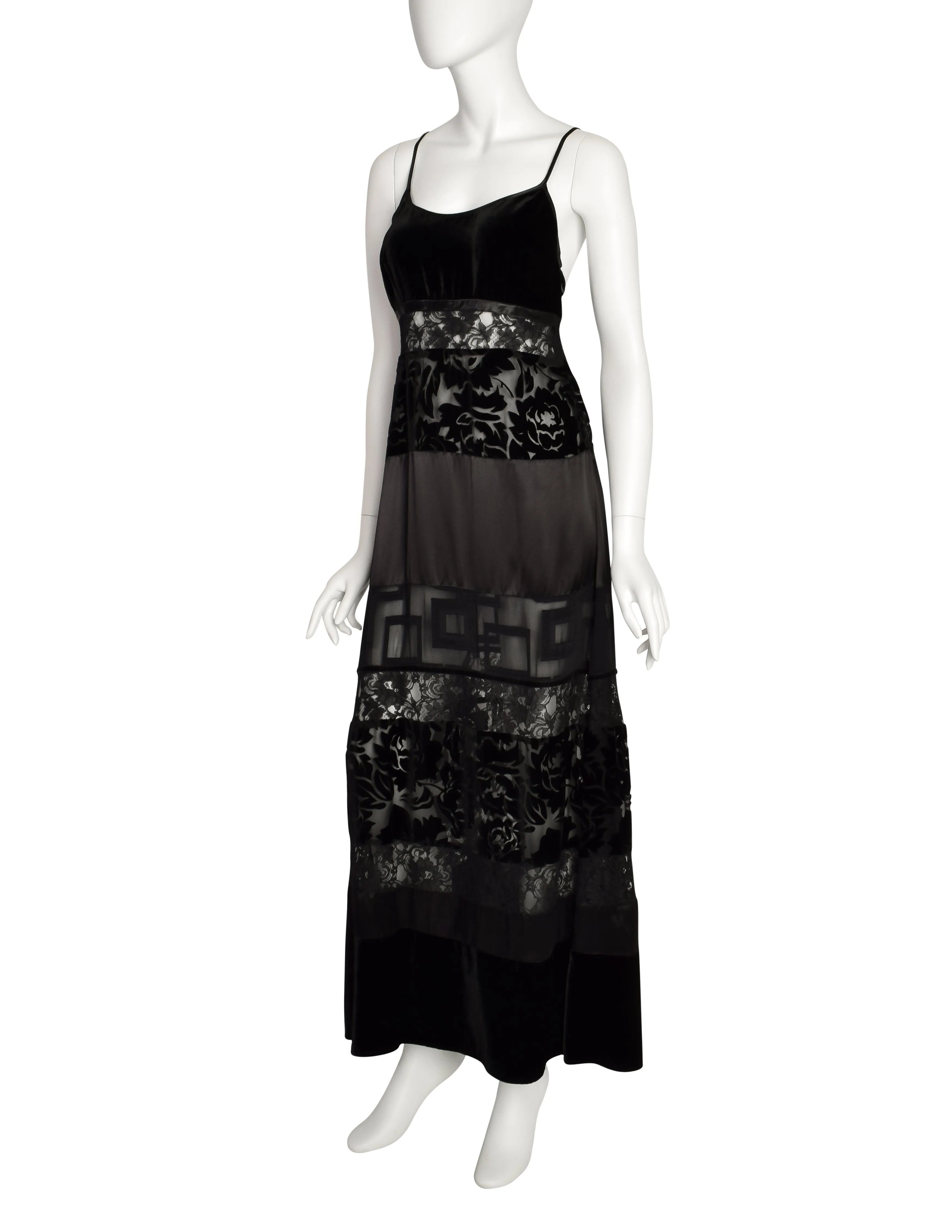 Katharine Hamnett Vintage 1993 Black Lace Satin Velvet Devore Maxi Slip Dress