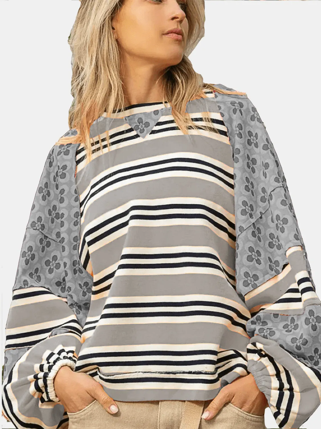 kesley Flower & Striped Print Round Neck Sweatshirt