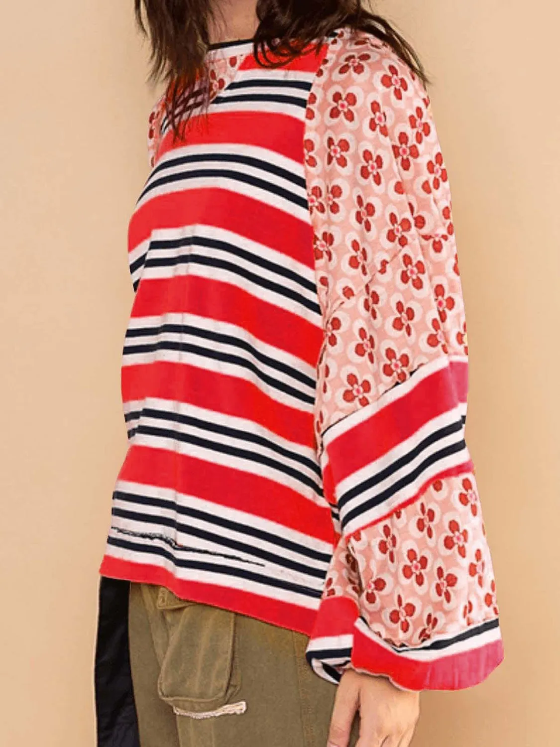 kesley Flower & Striped Print Round Neck Sweatshirt