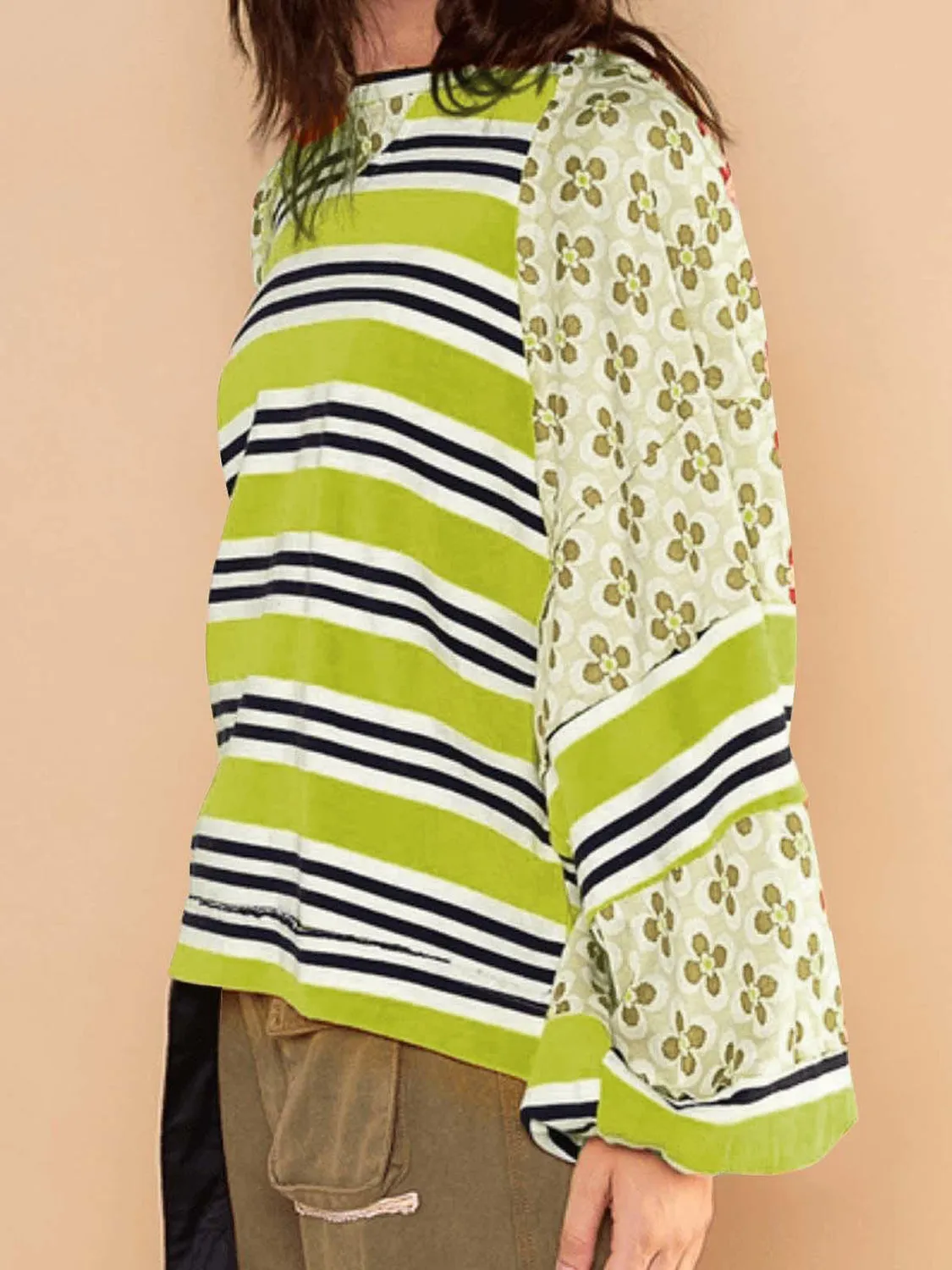 kesley Flower & Striped Print Round Neck Sweatshirt