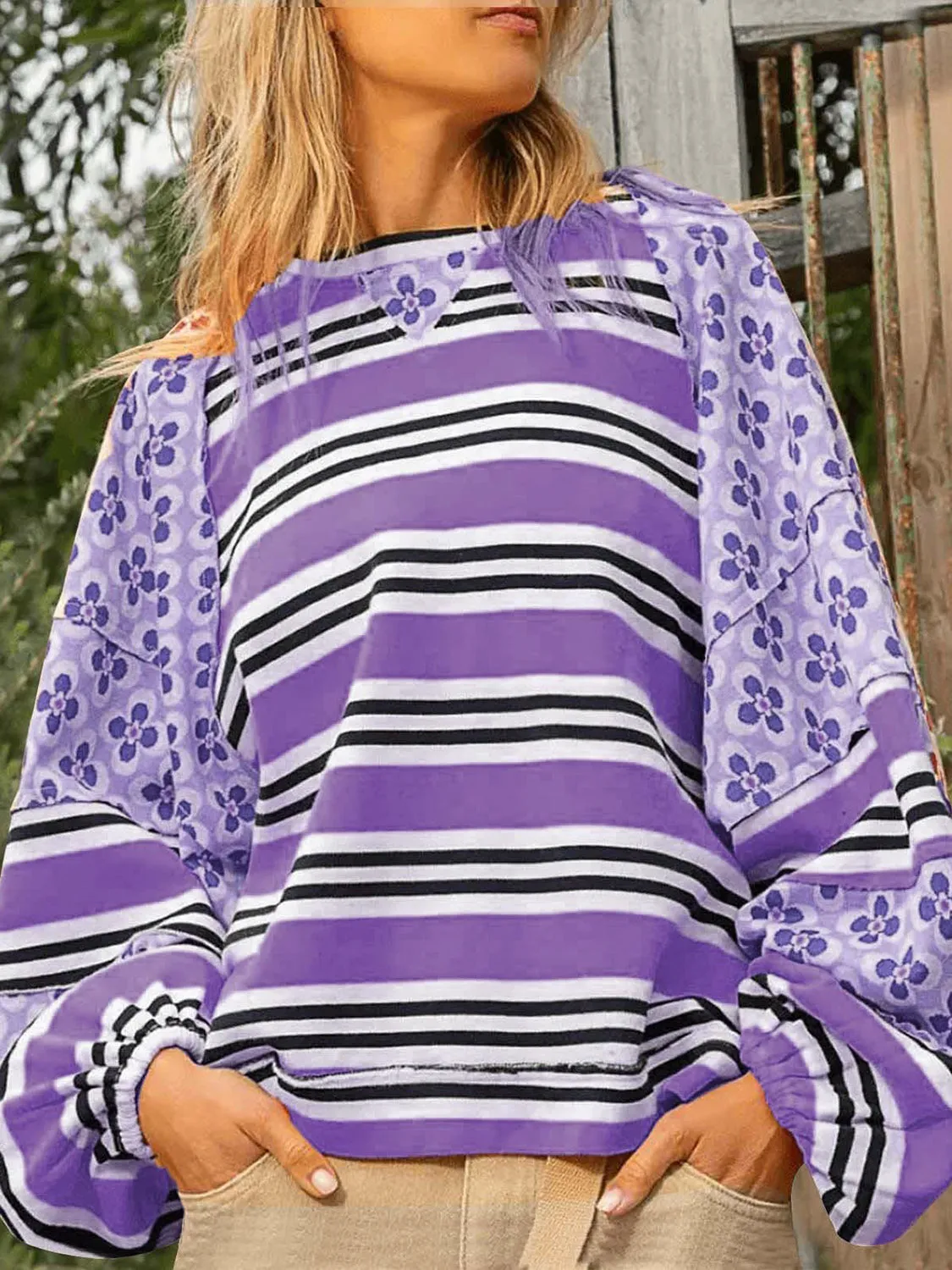 kesley Flower & Striped Print Round Neck Sweatshirt