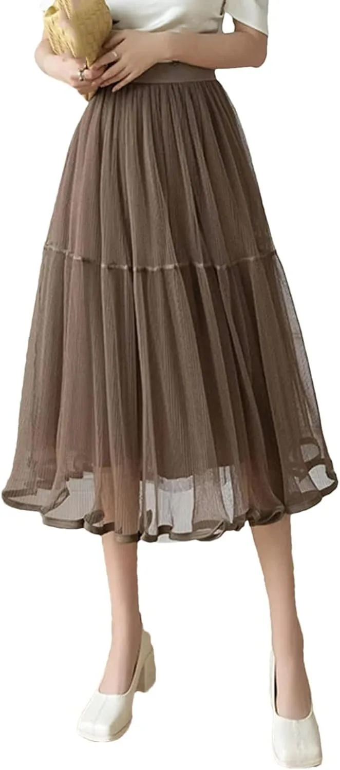 Korean Style Tiered Tulle Skirt Spring Summer High Waist Big Swing A-Line Skirt Ladies Elegant Midi Skirts