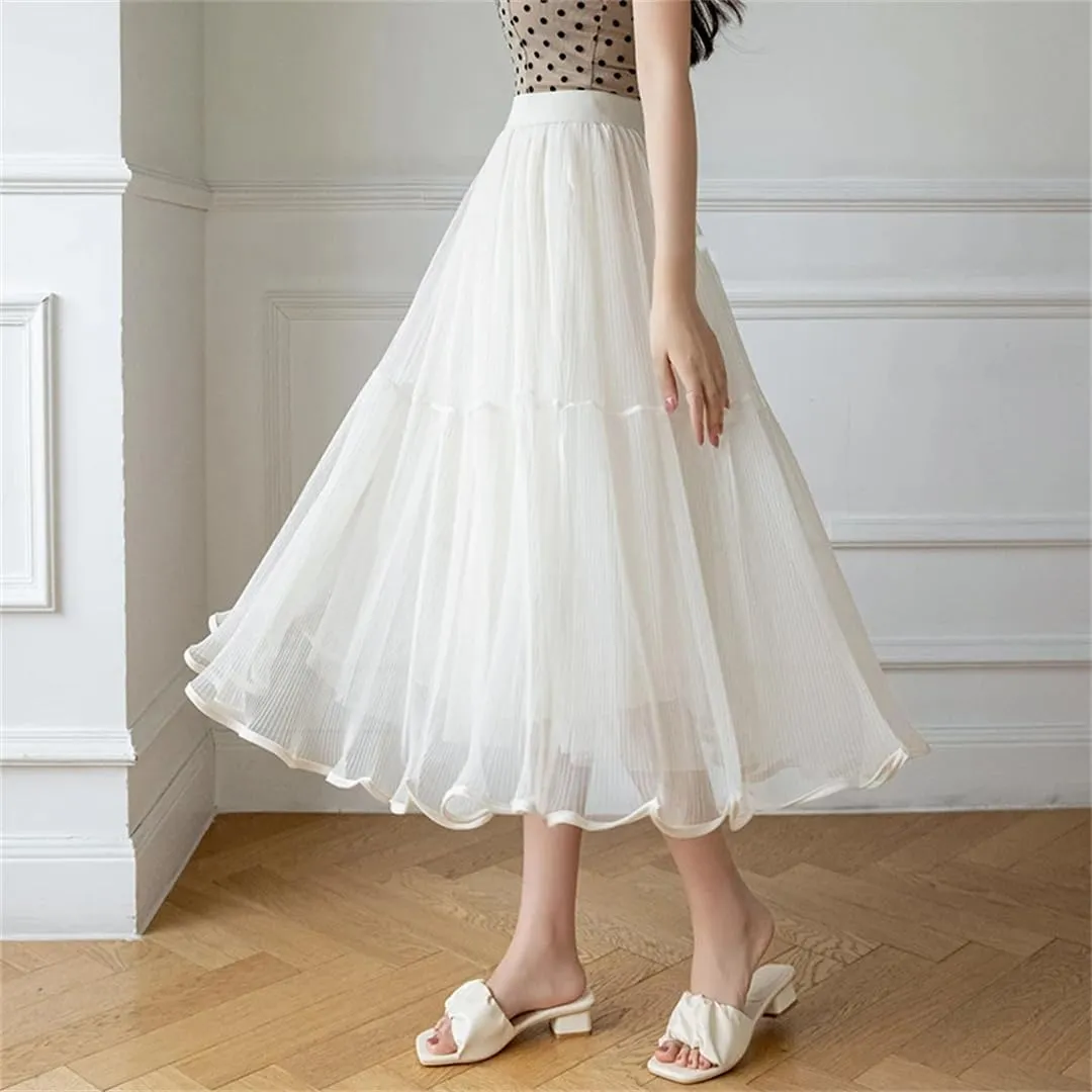 Korean Style Tiered Tulle Skirt Spring Summer High Waist Big Swing A-Line Skirt Ladies Elegant Midi Skirts