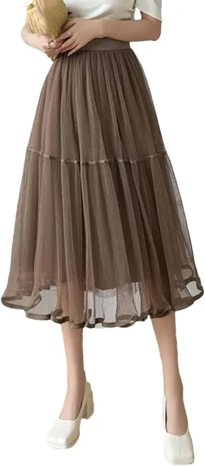 Korean Style Tiered Tulle Skirt Spring Summer High Waist Big Swing A-Line Skirt Ladies Elegant Midi Skirts