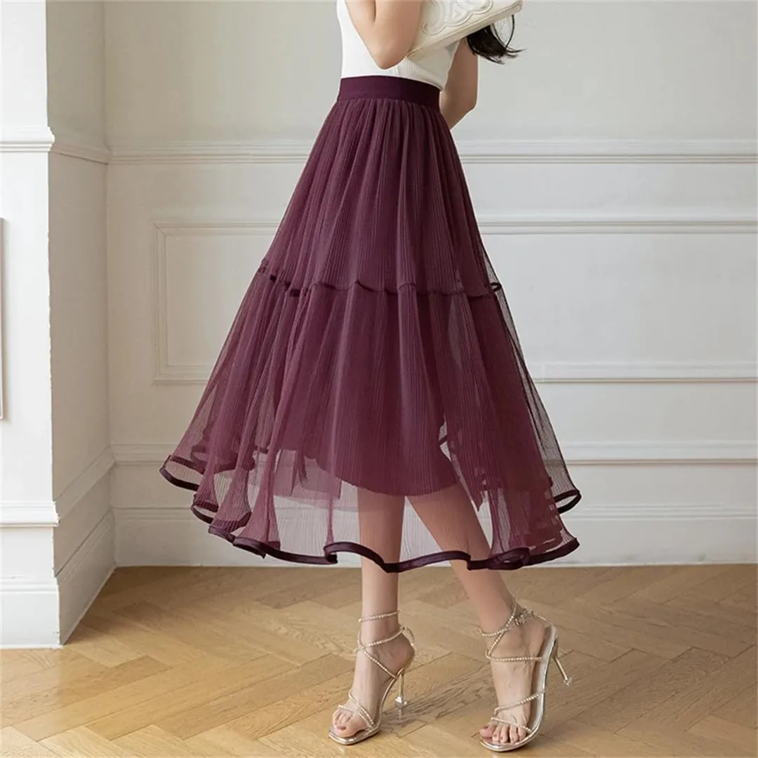 Korean Style Tiered Tulle Skirt Spring Summer High Waist Big Swing A-Line Skirt Ladies Elegant Midi Skirts