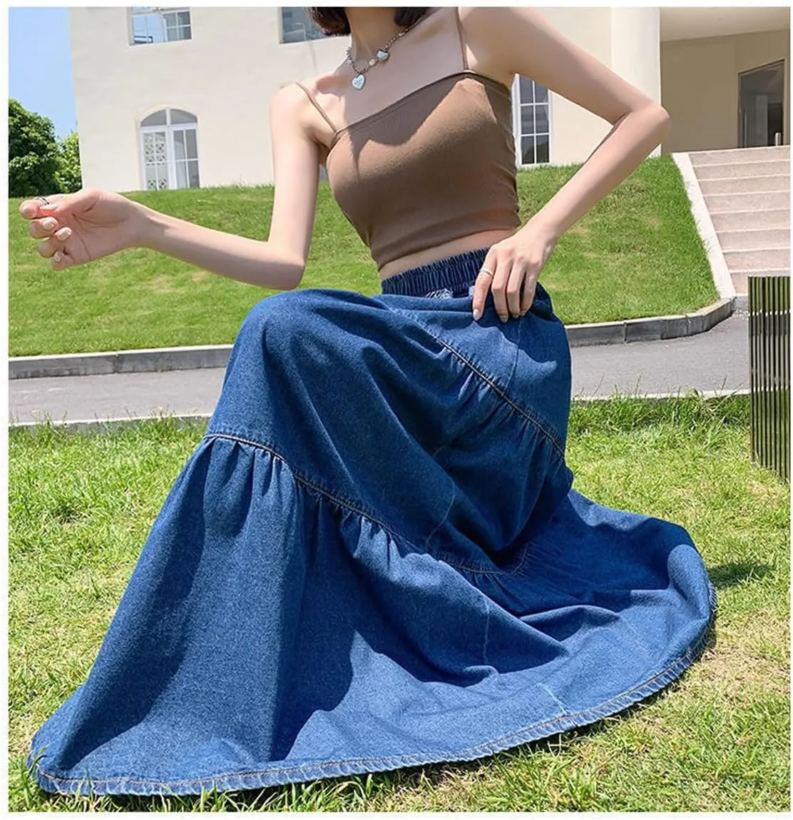 Korean Version Women's High Waisted Layered Denim Skirt, Plus Size A-line Extra Long