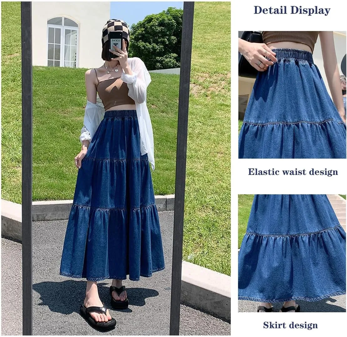 Korean Version Women's High Waisted Layered Denim Skirt, Plus Size A-line Extra Long