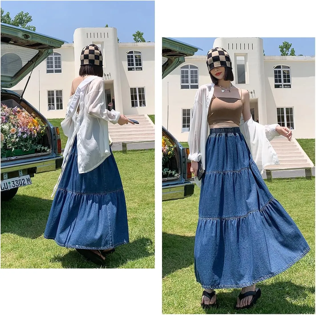 Korean Version Women's High Waisted Layered Denim Skirt, Plus Size A-line Extra Long