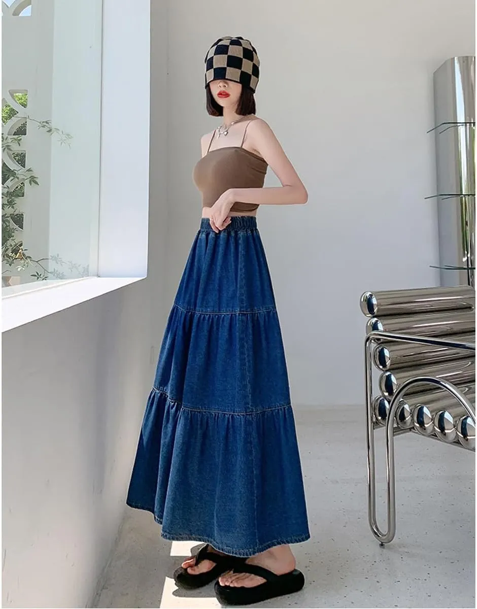 Korean Version Women's High Waisted Layered Denim Skirt, Plus Size A-line Extra Long