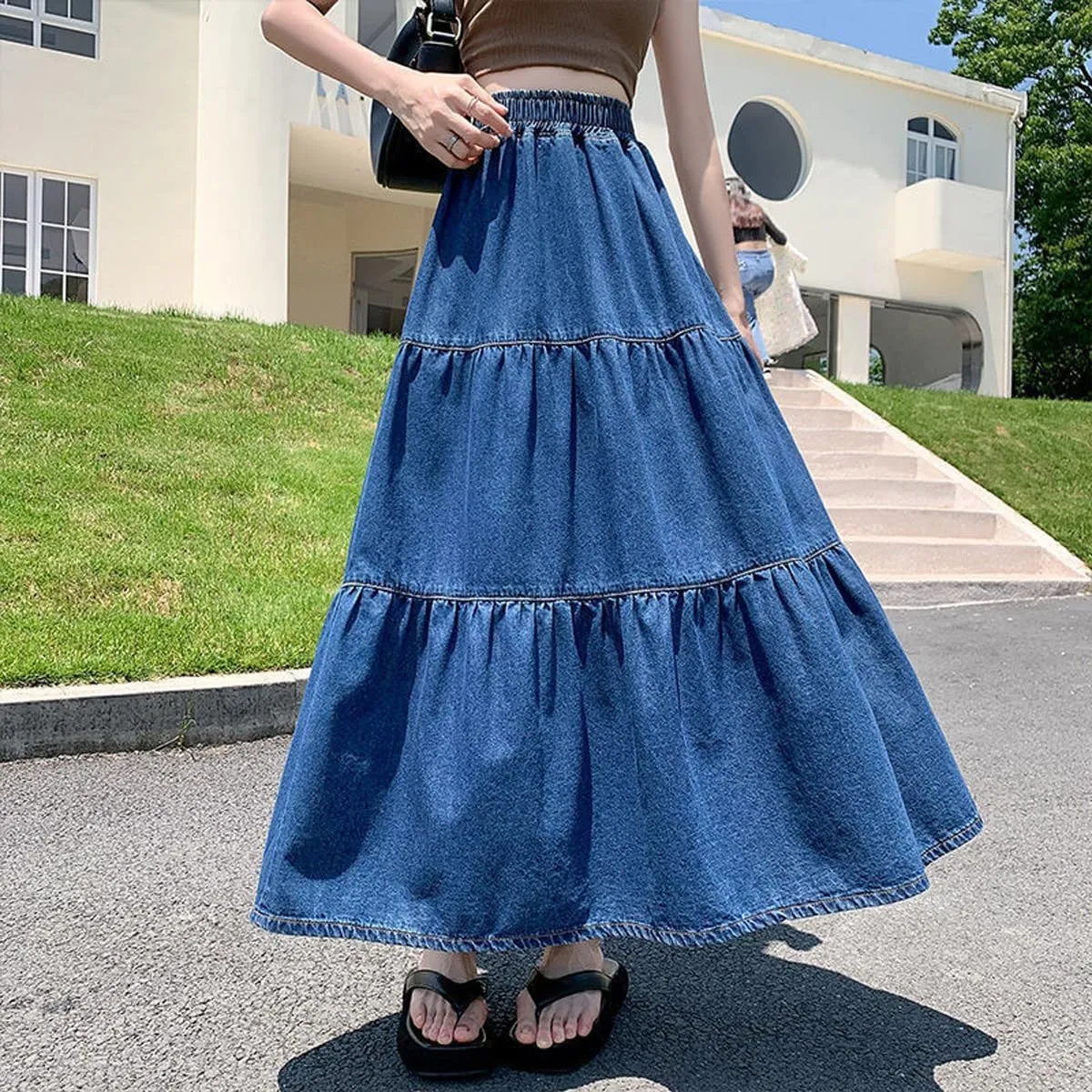 Korean Version Women's High Waisted Layered Denim Skirt, Plus Size A-line Extra Long