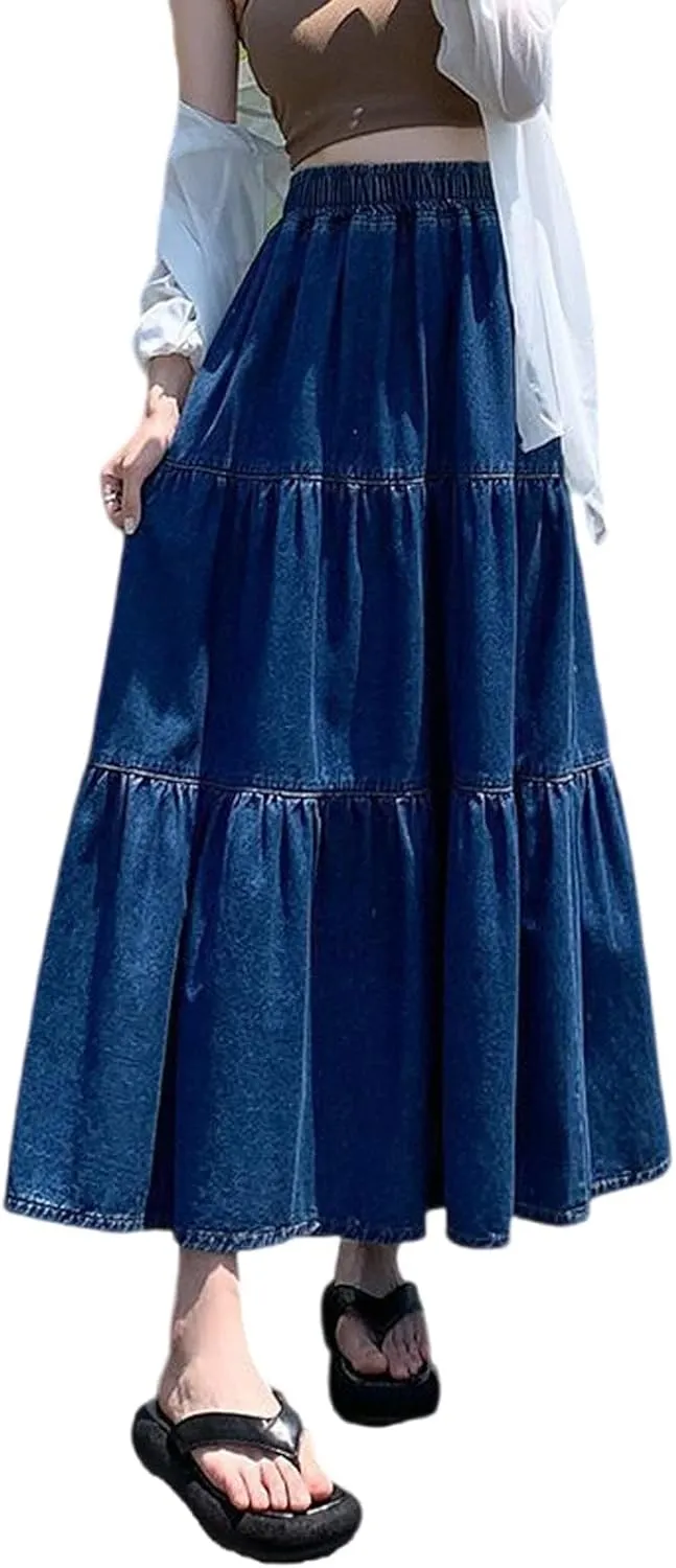 Korean Version Women's High Waisted Layered Denim Skirt, Plus Size A-line Extra Long