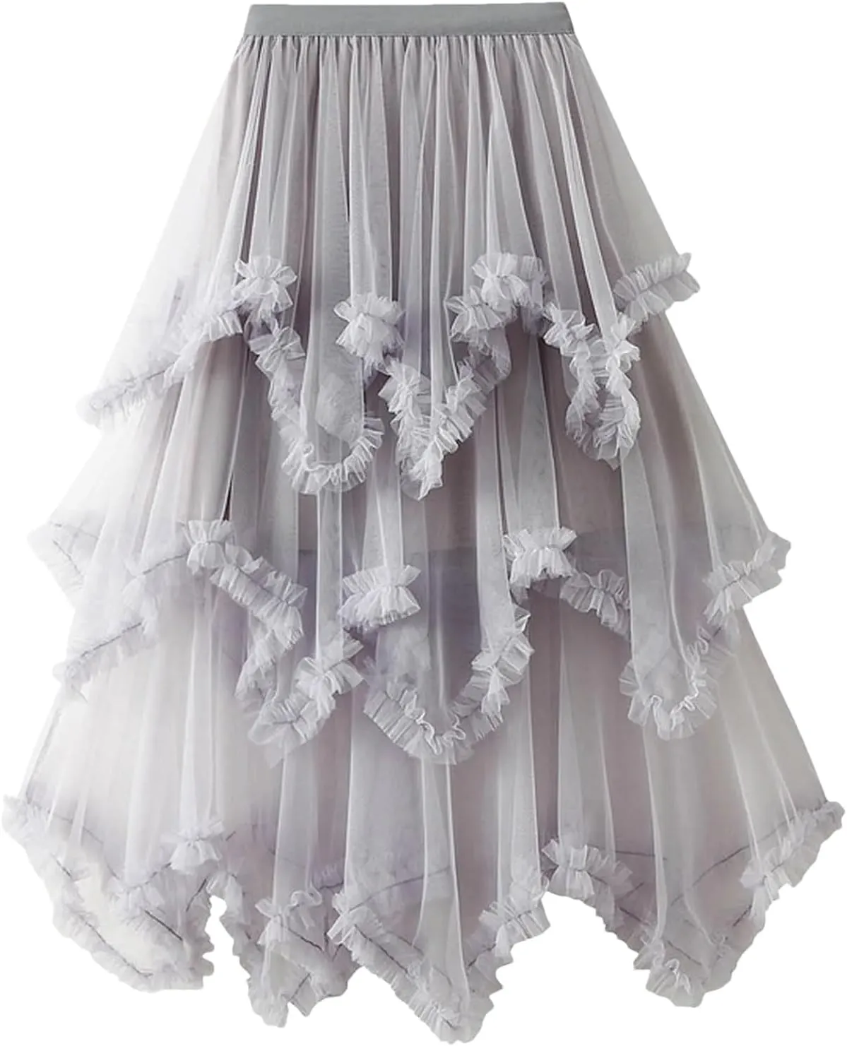 Layered Tulle Long Skirt Korean Fashion Mesh Gauze High Waist Skirt Frill Trim Ruffle Pleated Skirt for Women