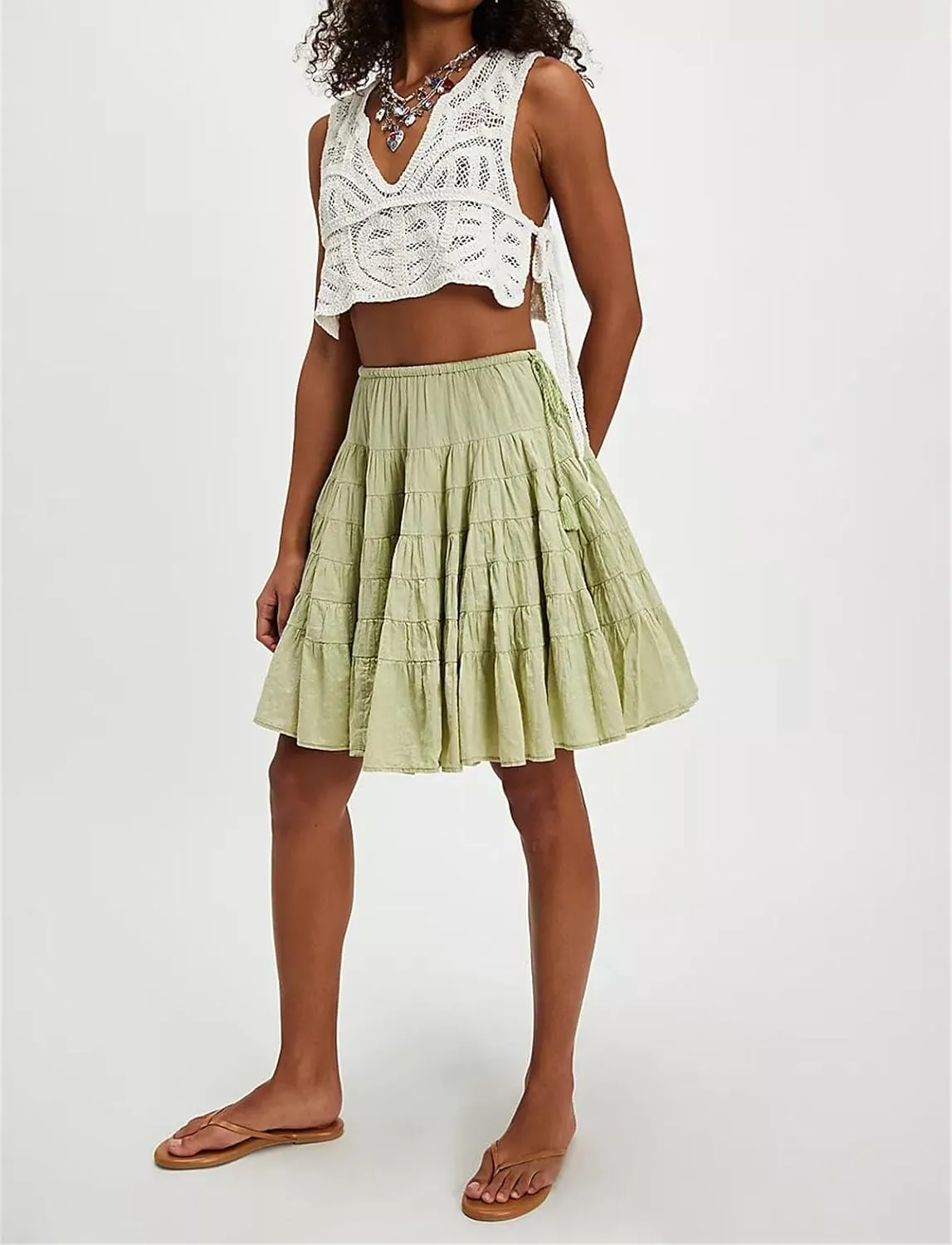 LOFAAC Women Cute High Waist Ruffle Layered Midi Skirt Casual Bow Knot Front Tiered Flowy Swing Going Out Short Skirt