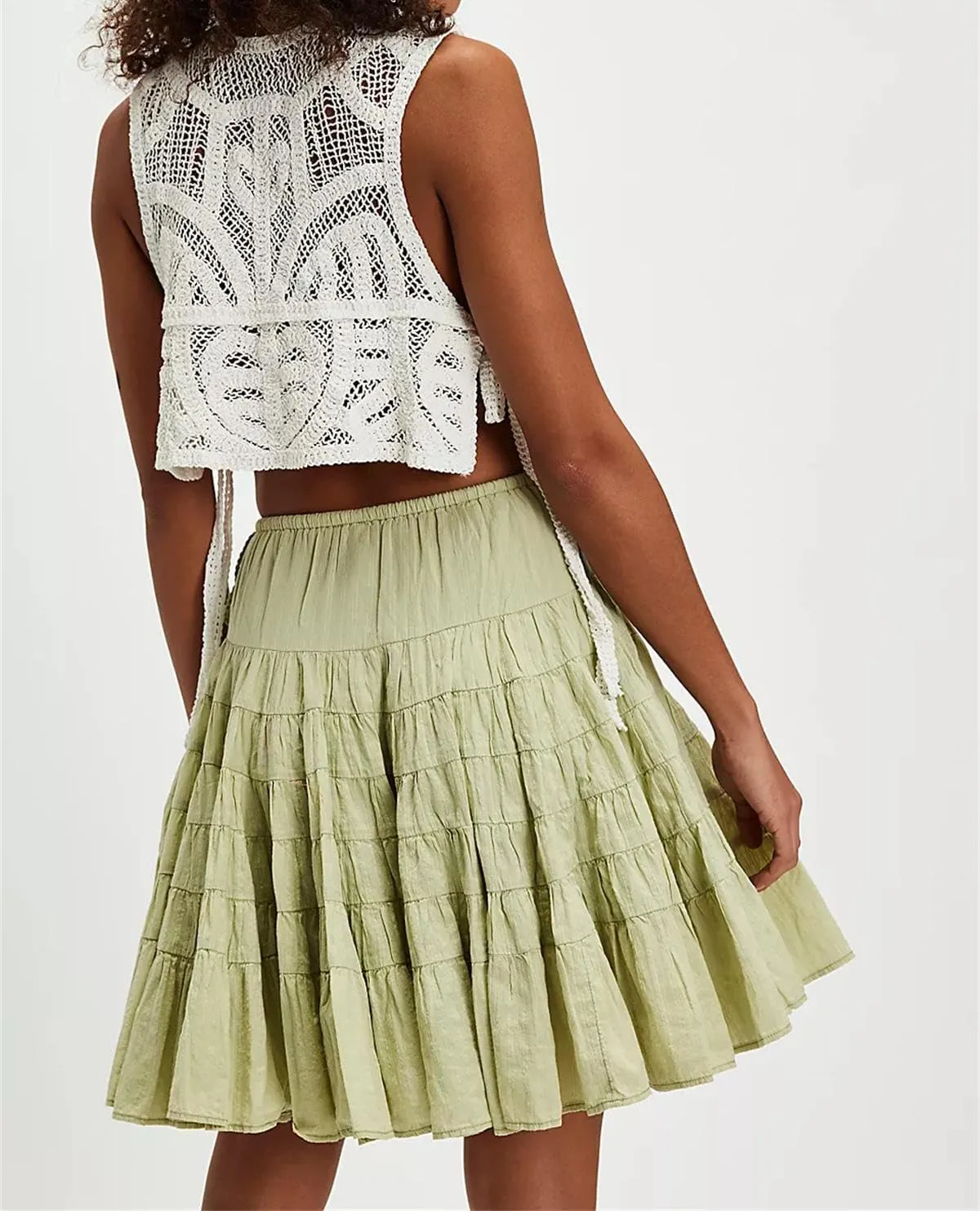 LOFAAC Women Cute High Waist Ruffle Layered Midi Skirt Casual Bow Knot Front Tiered Flowy Swing Going Out Short Skirt
