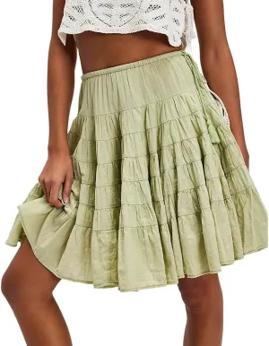 LOFAAC Women Cute High Waist Ruffle Layered Midi Skirt Casual Bow Knot Front Tiered Flowy Swing Going Out Short Skirt